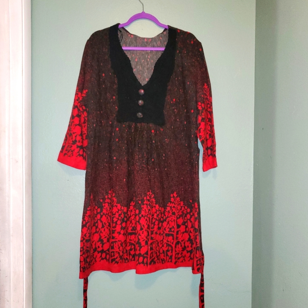 Red crochet floral wool sweater dress tunic